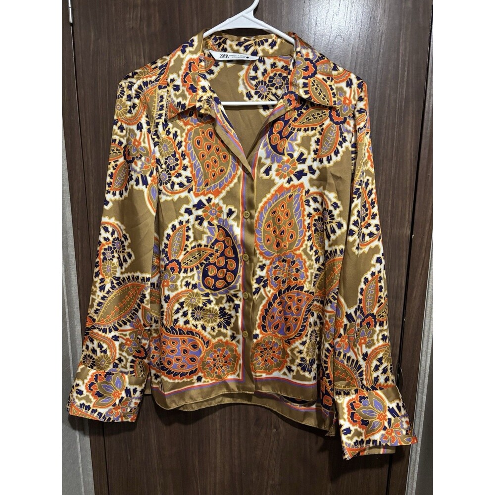 Zara Gold Multicolor Paisley Patterned Button Down Shirt Size M